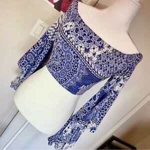 Blue Patterned Off-Shoulder Women's Top